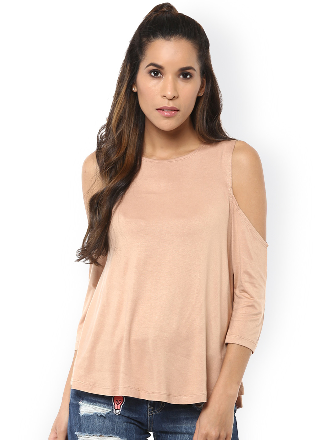 

Harpa Women Beige Solid Cold-Shoulder Top