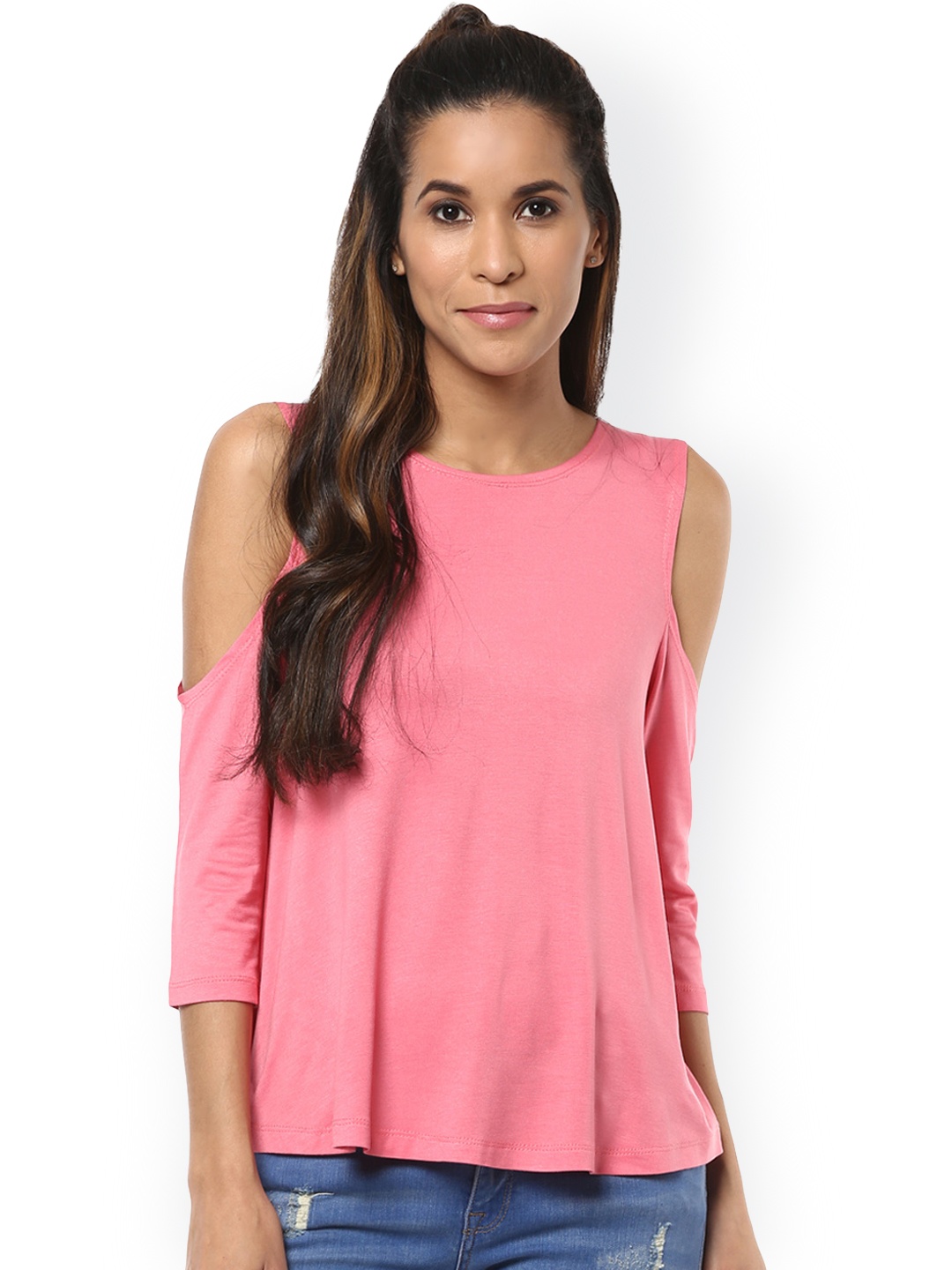 

Harpa Women Pink Solid Cold-Shoulder Top