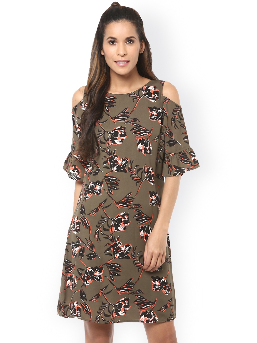 

Harpa Women Olive Green Printed A-Line Cold-Shoulder Dress
