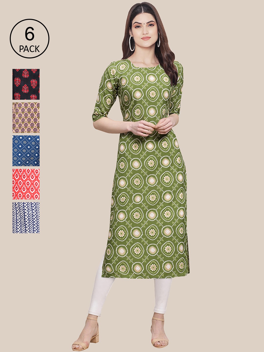 

7Threads Women Pack Of 6 Printed Crepe Kurta, Green