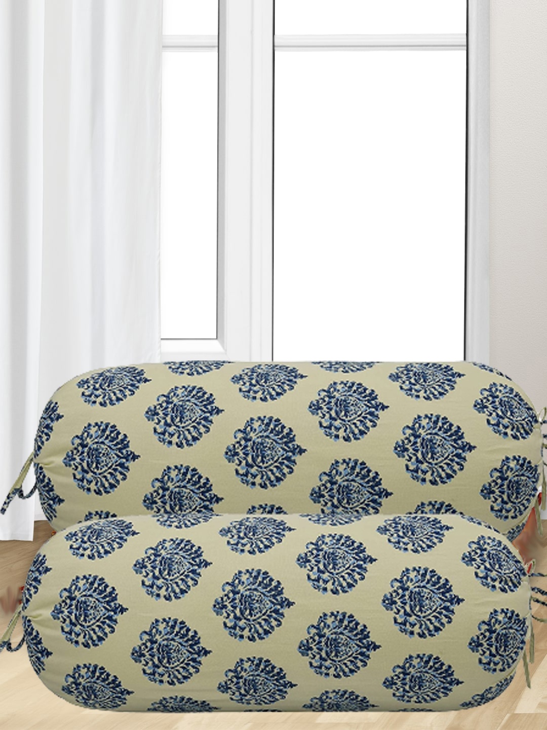 

Trance Home Linen Set Of 2 Blue Printed 200 TC Pure Cotton Bolster Covers, Beige