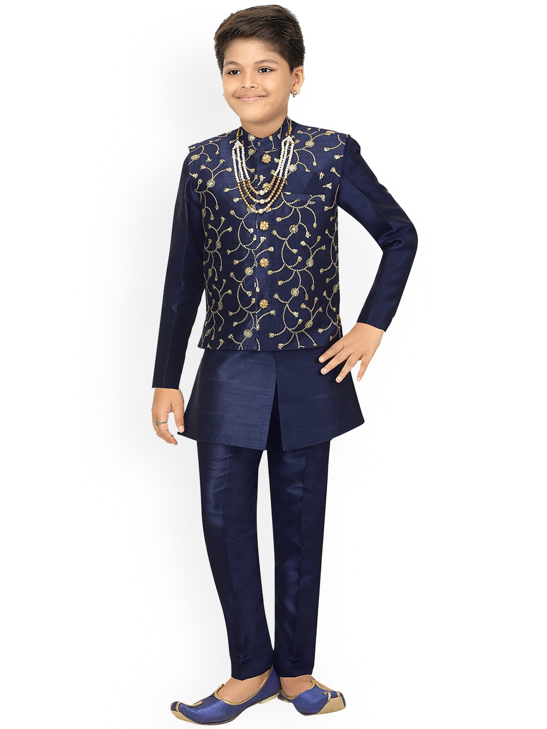

ahhaaaa Boys Navy Blue Self-Design Sherwani Set With Waistcoat