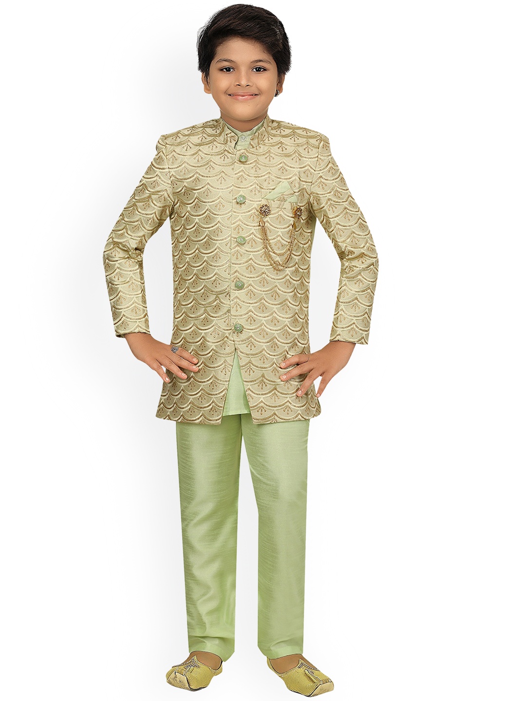 

ahhaaaa Boys Light Green Printed Sherwani Kurta And Pajama