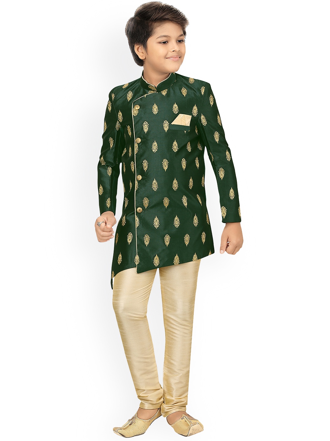 

ahhaaaa Boys Green Woven Design Sherwani Set