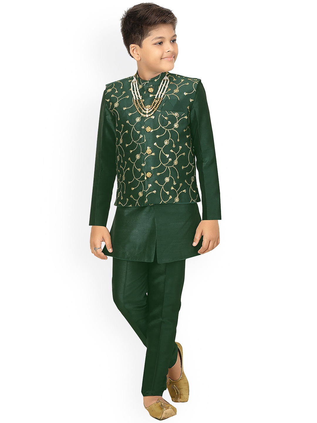 

ahhaaaa Boys Green Self-Design Sherwani Sets With Waistcoat
