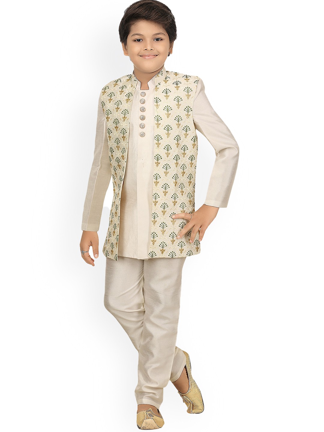 

ahhaaaa Boys Cream Colored Embroidered Indo Western Sherwani Set