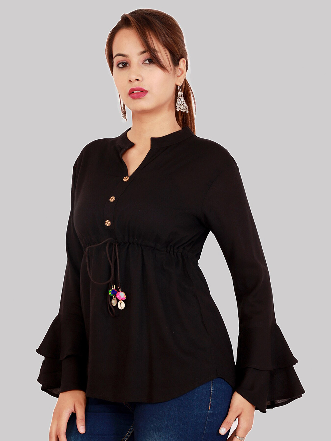 

Fab Star Black Solid Mandarin Collar Top