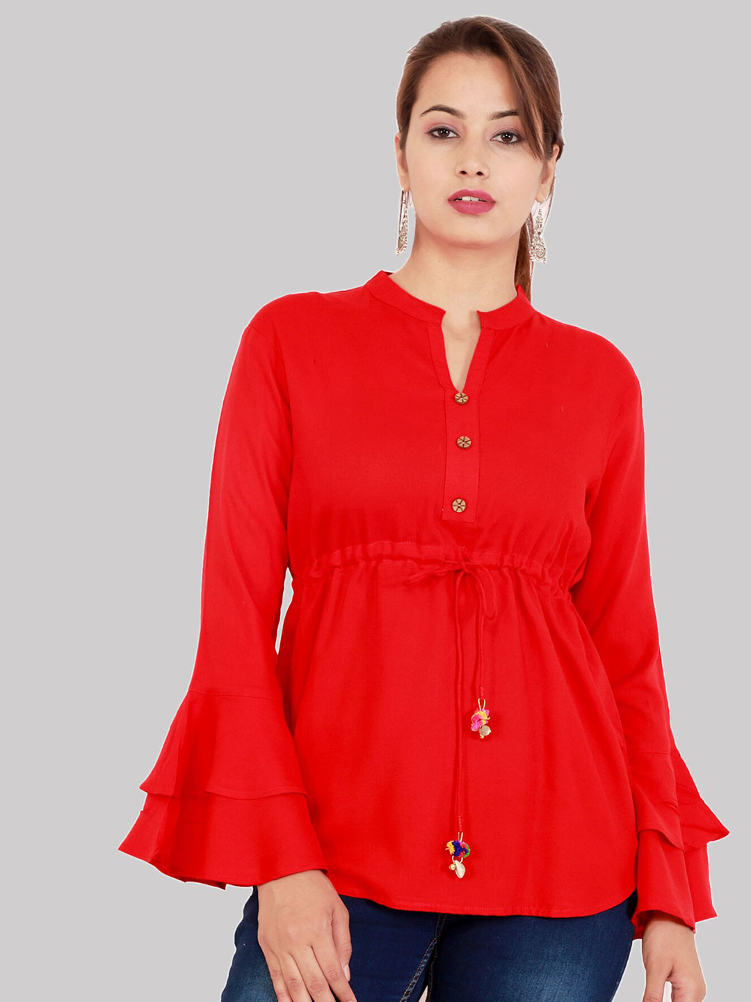 

Fab Star Women Red Solid Mandarin Collar Top