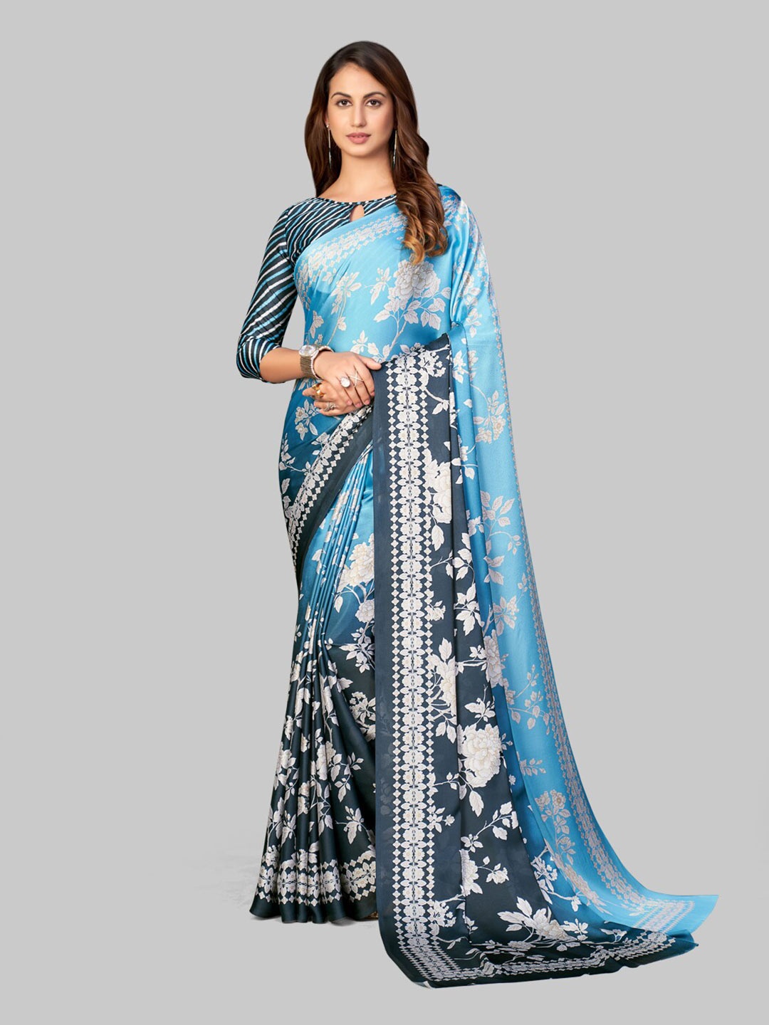 

7TH FAB Blue & Off White Floral Satin Saree