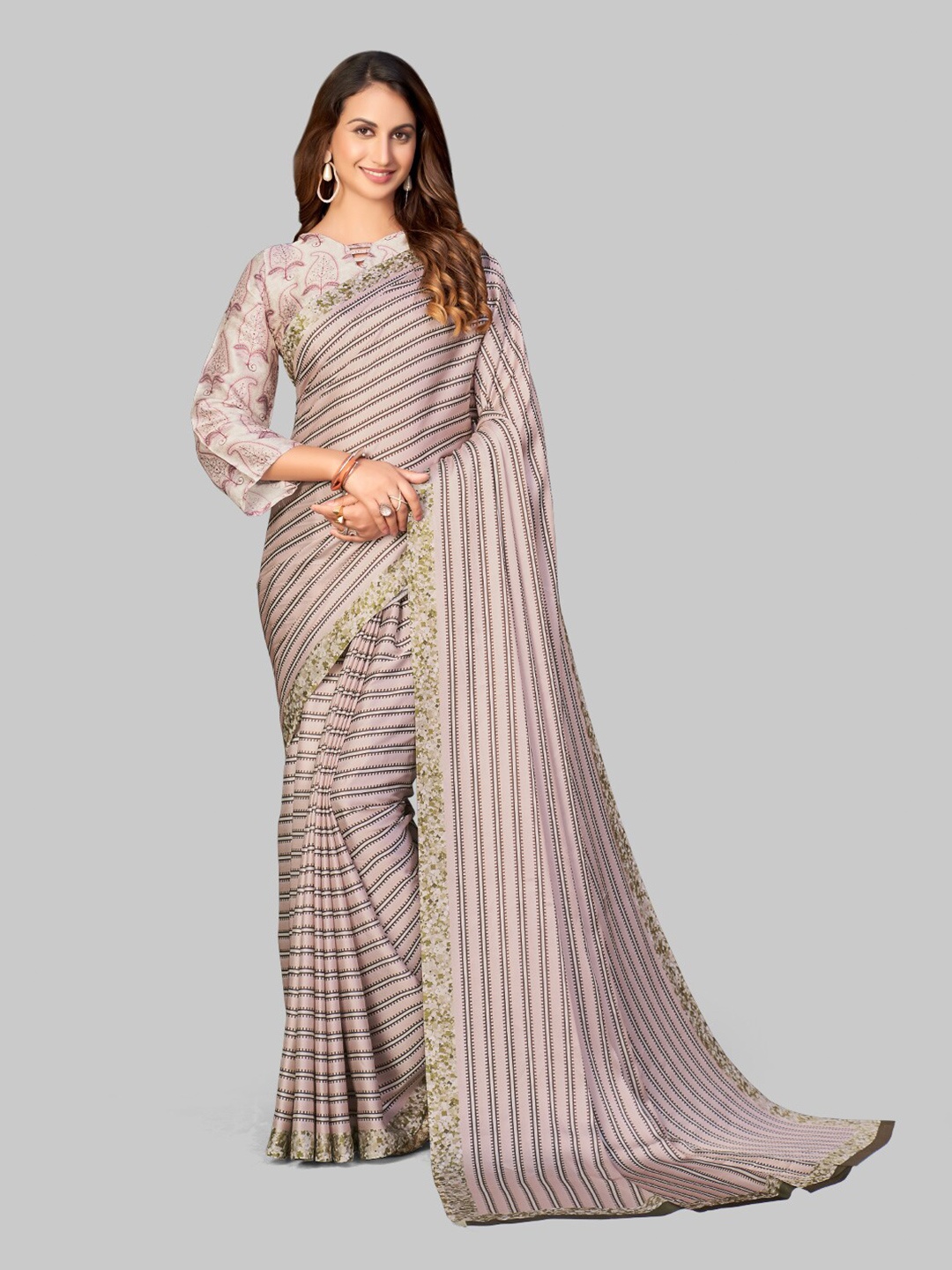 

7TH FAB Mauve & Brown Striped Satin Saree