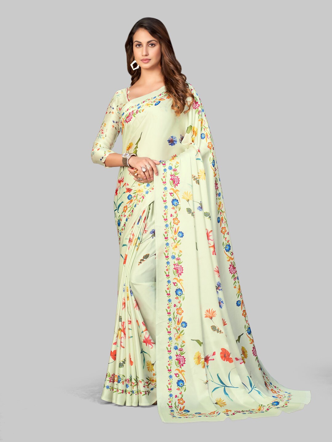

7TH FAB Lime Green & Red Floral Satin Saree