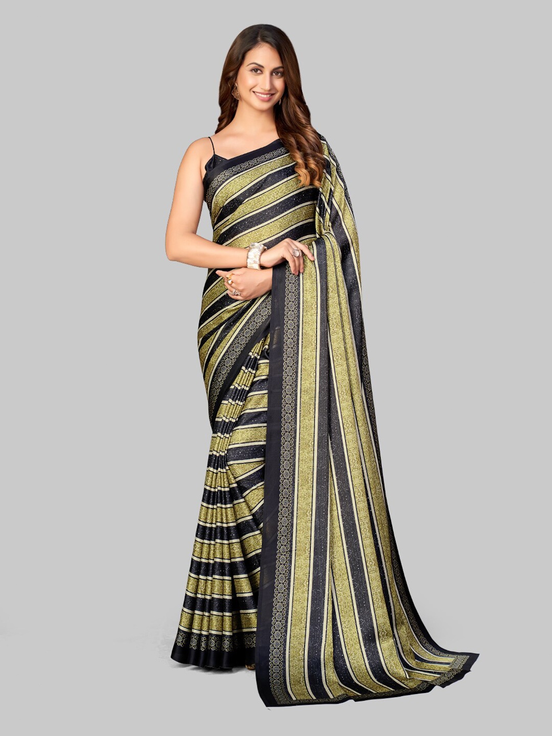 

7TH FAB Black & Gold-Toned Striped Satin Leheriya Saree