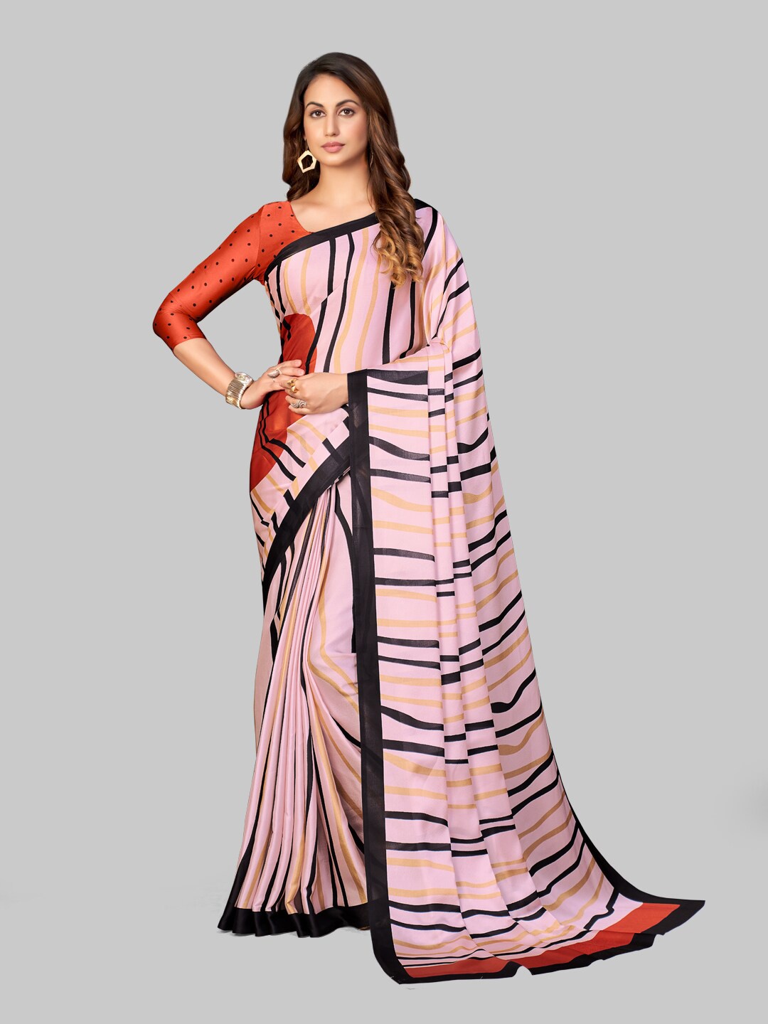 

7TH FAB Pink & Orange Striped Satin Leheriya Saree