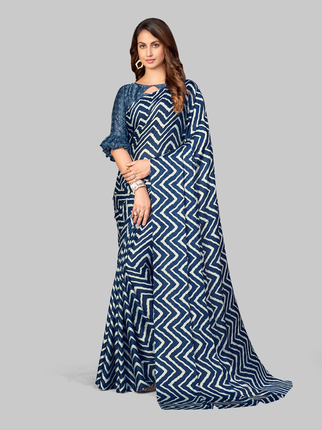 

7TH FAB Blue & Off White Satin Leheriya Saree