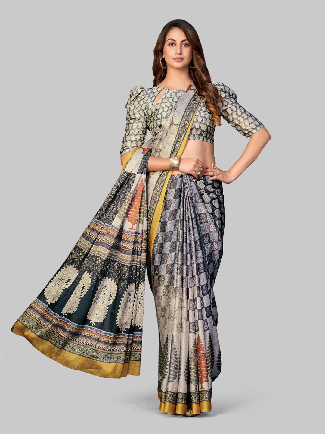 

7TH FAB Grey & Black Floral Satin Saree