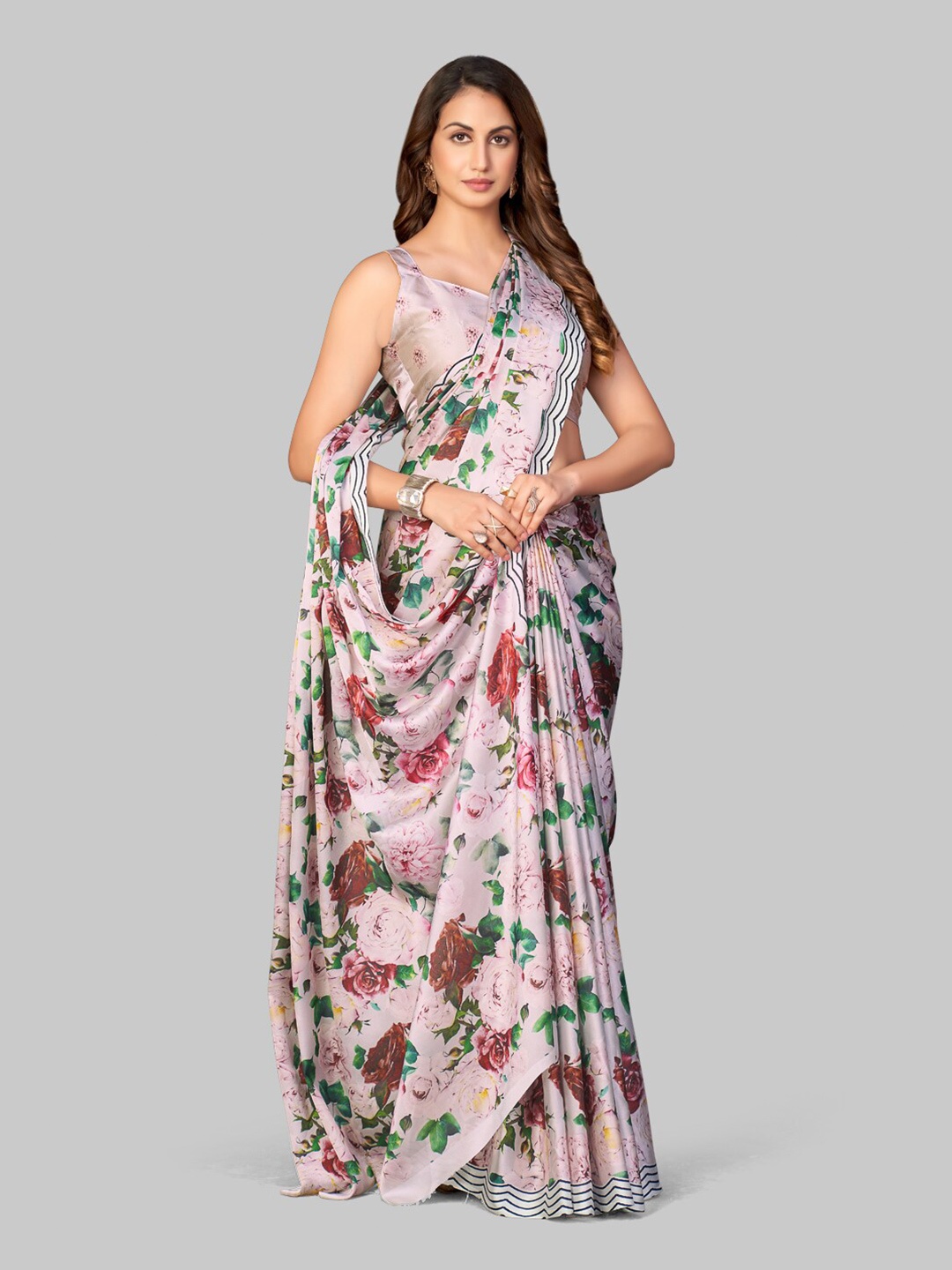 

7TH FAB Pink & Red Floral Satin Saree