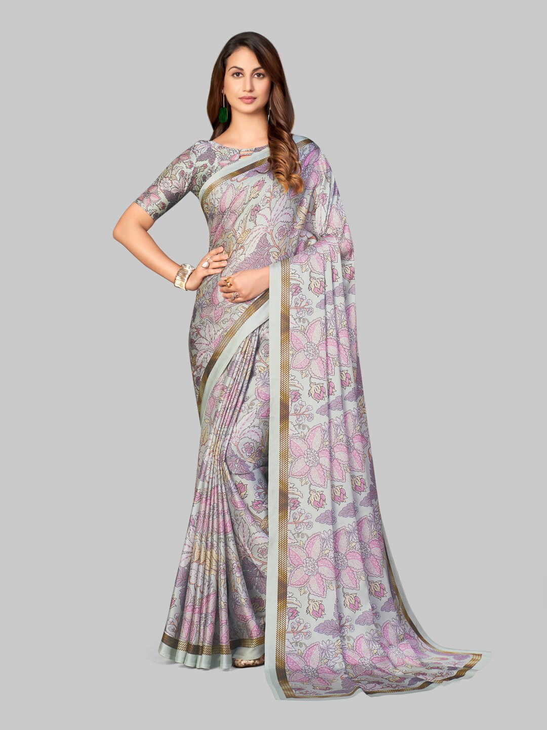 

7TH FAB Grey & Pink Floral Satin Saree