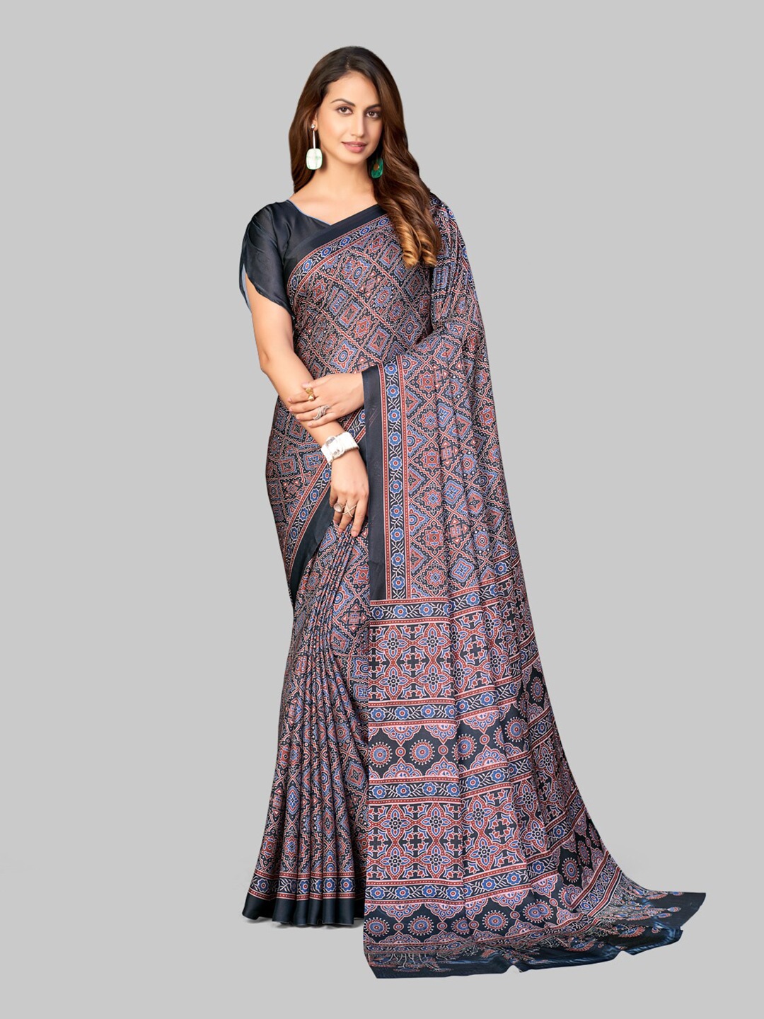 

7TH FAB Black & Blue Ethnic Motifs Satin Saree