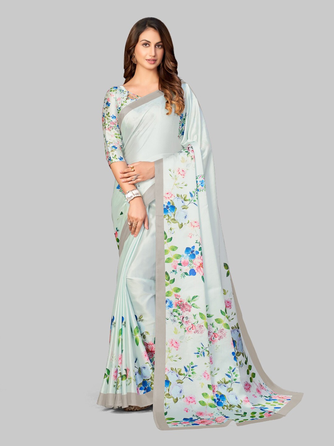 

7TH FAB Green & Blue Floral Satin Saree