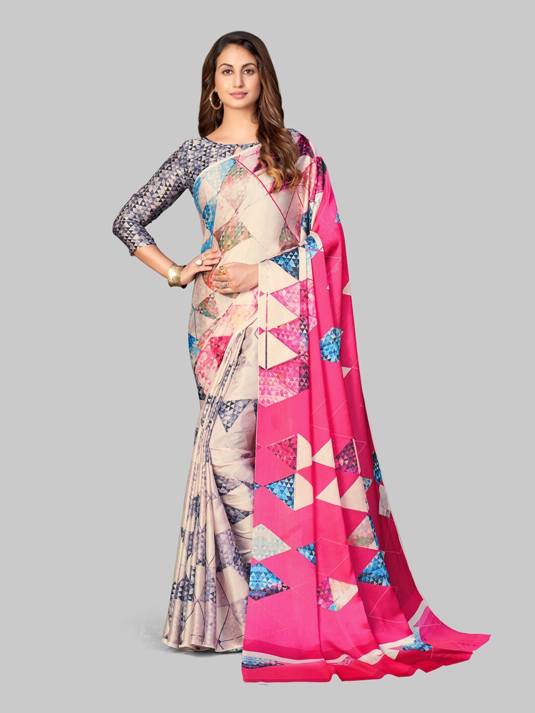 

7TH FAB Pink & Blue Satin Saree