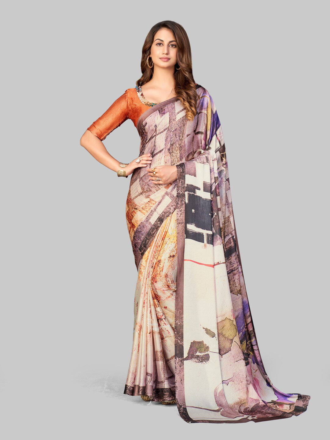 

7TH FAB Pink & Purple Floral Satin Saree