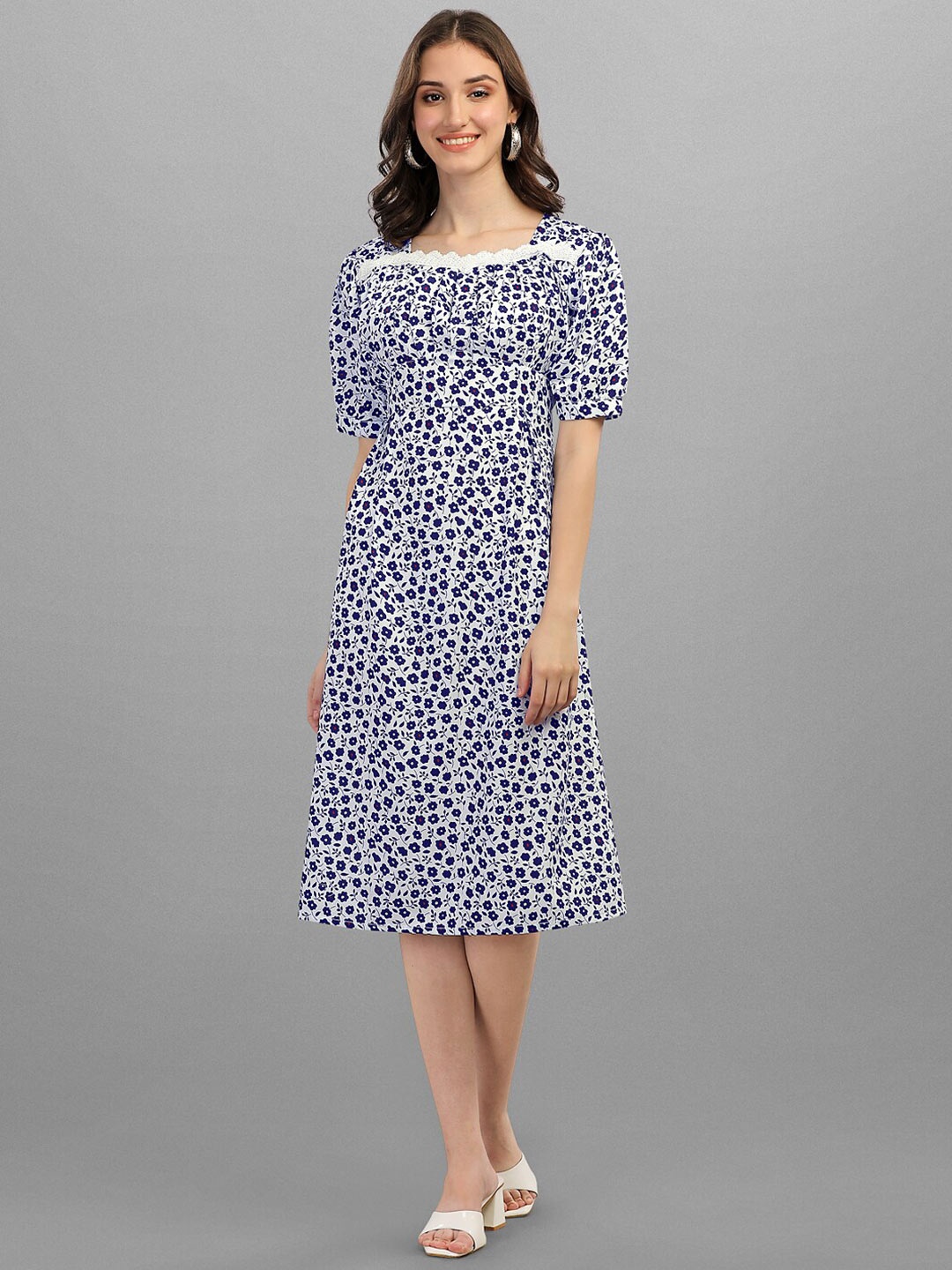 

GUFRINA White & Blue Floral A-Line Midi Dress