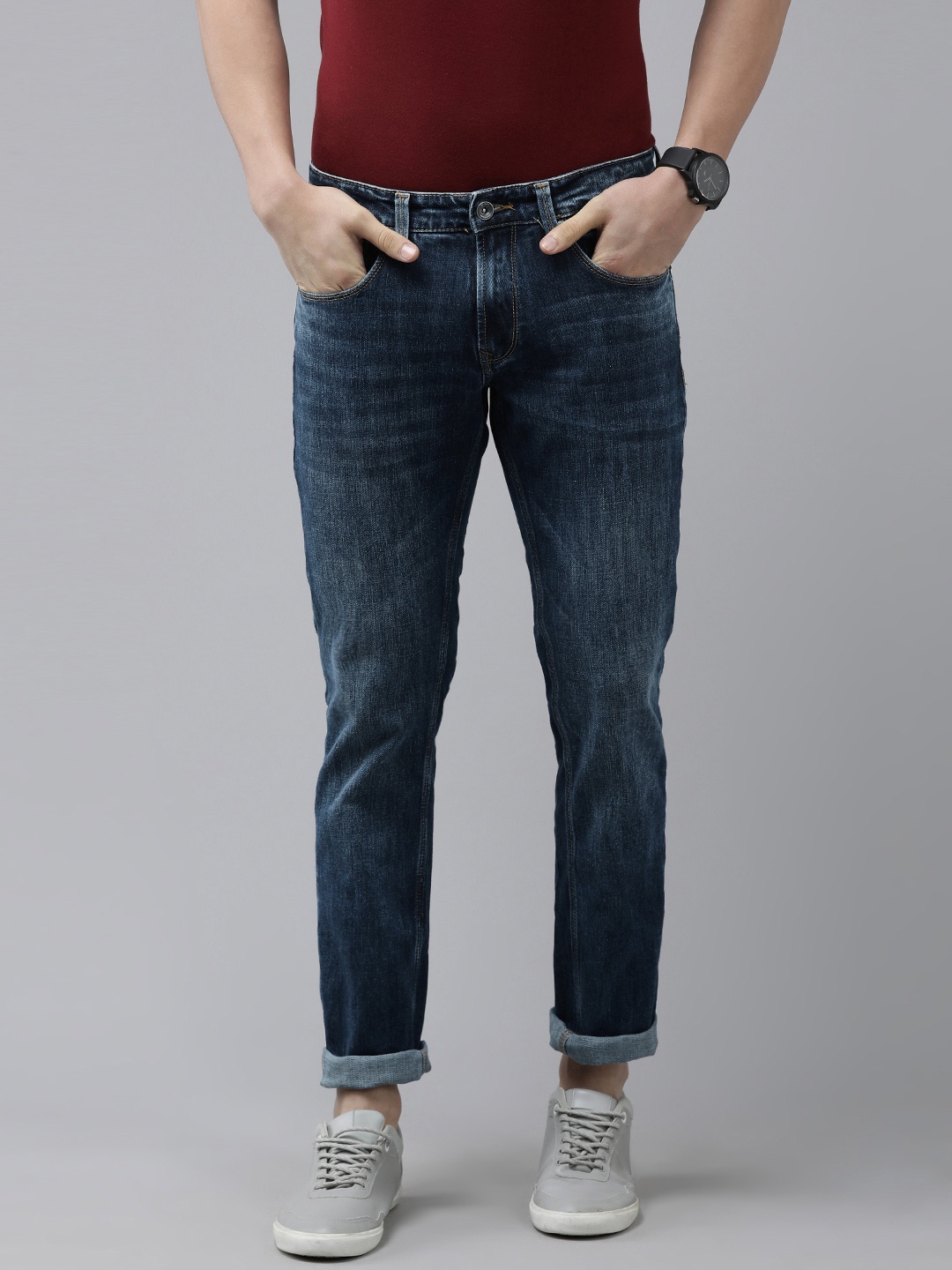 

SPYKAR Men Dark Blue Slim Fit Mid-Rise Narrow Leg Light Fade Stretchable Jeans