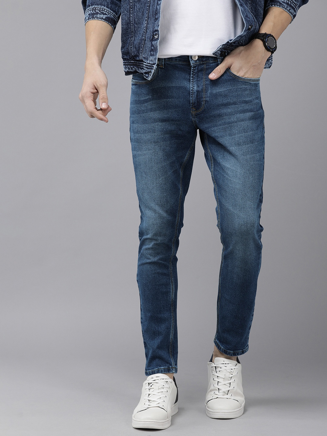 

SPYKAR Men Blue Kano Slim Fit Tapered Leg Ankle Length Heavy Fade Stretchable Jeans