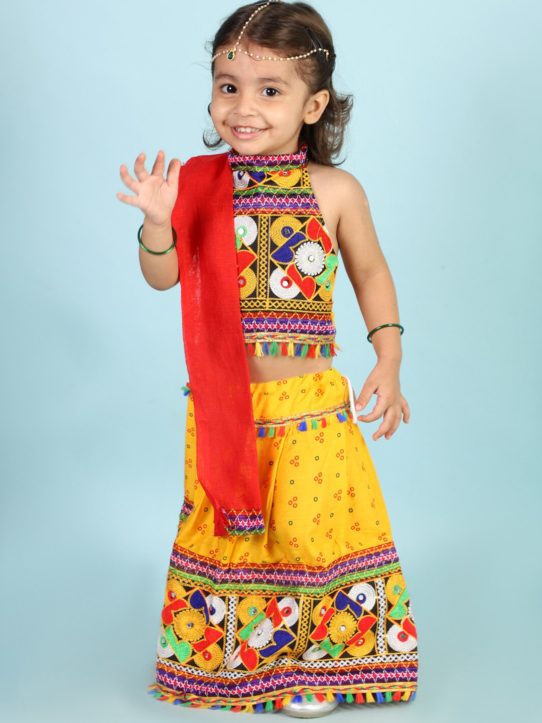 

KID1 Girls Yellow & Blue Printed Thread Work Ready to Wear Lehenga & Blouse With Dupatta