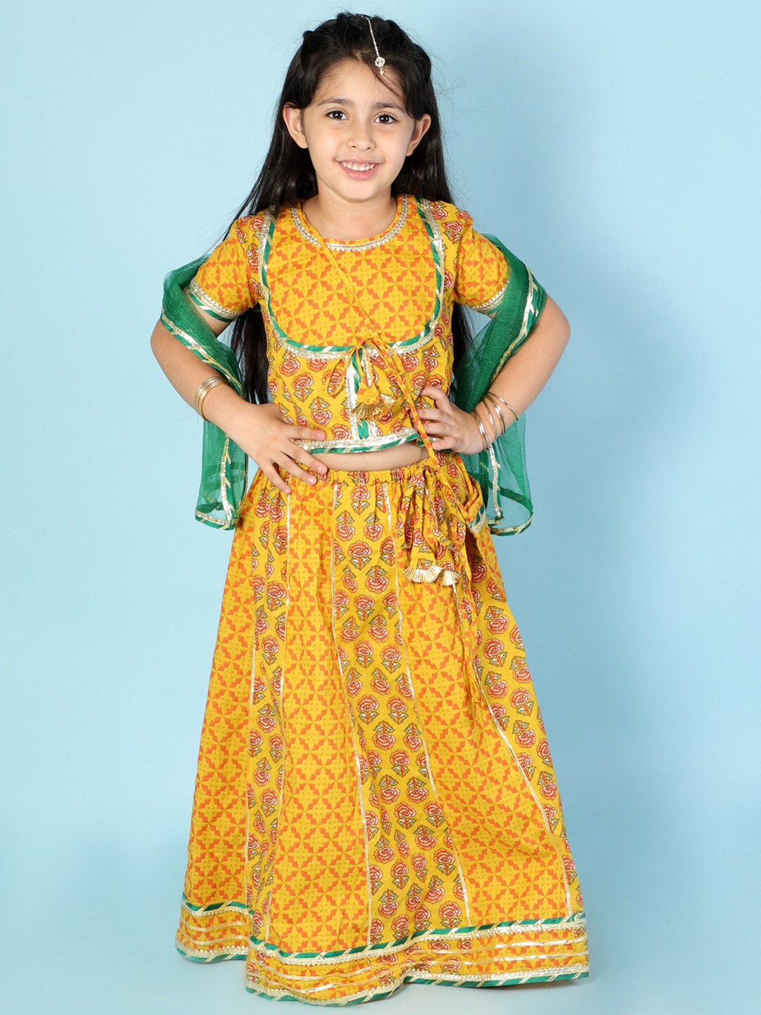 

KID1 Girls Yellow & Green Printed Ready to Wear Lehenga & Blouse With Dupatta