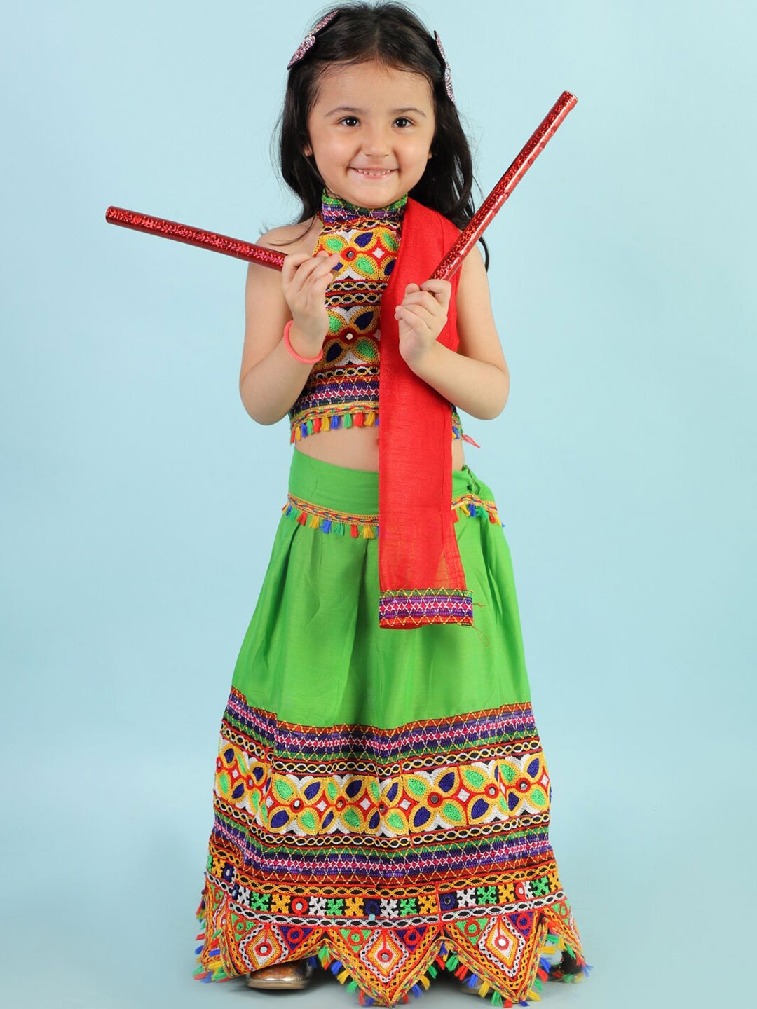

KID1 Girls Green & Red Embroidered Thread Work Ready to Wear Lehenga & Blouse With Dupatta