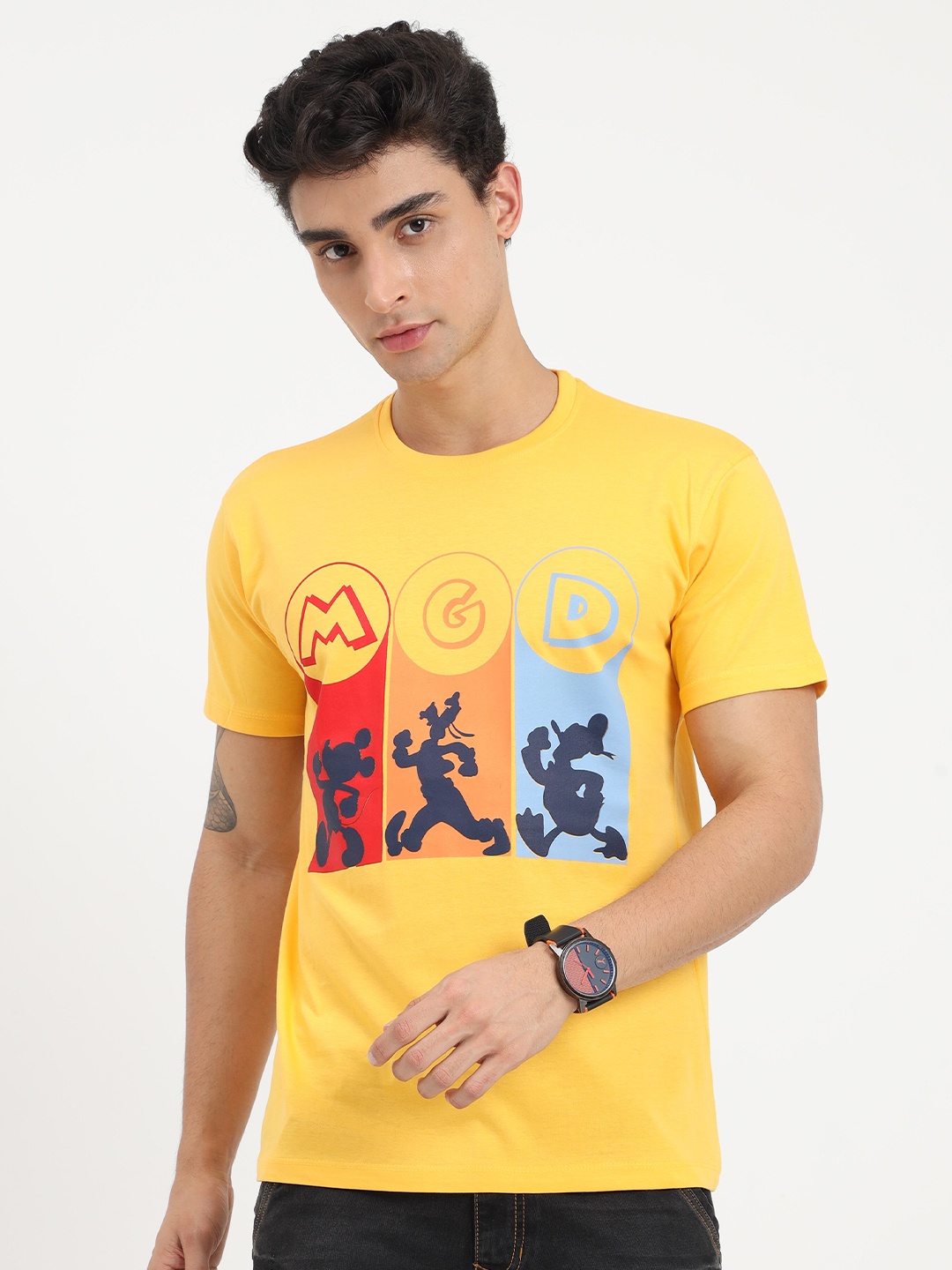 

COOFT Men Yellow Mickey Mouse Printed Pure Cotton T-shirt