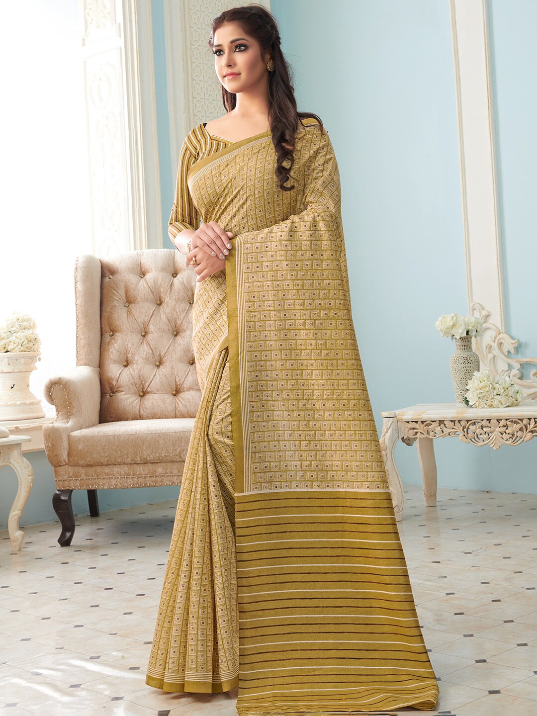 

Mitera Beige & Green Striped Art Silk Bhagalpuri Saree With Unstitched Blouse Piece