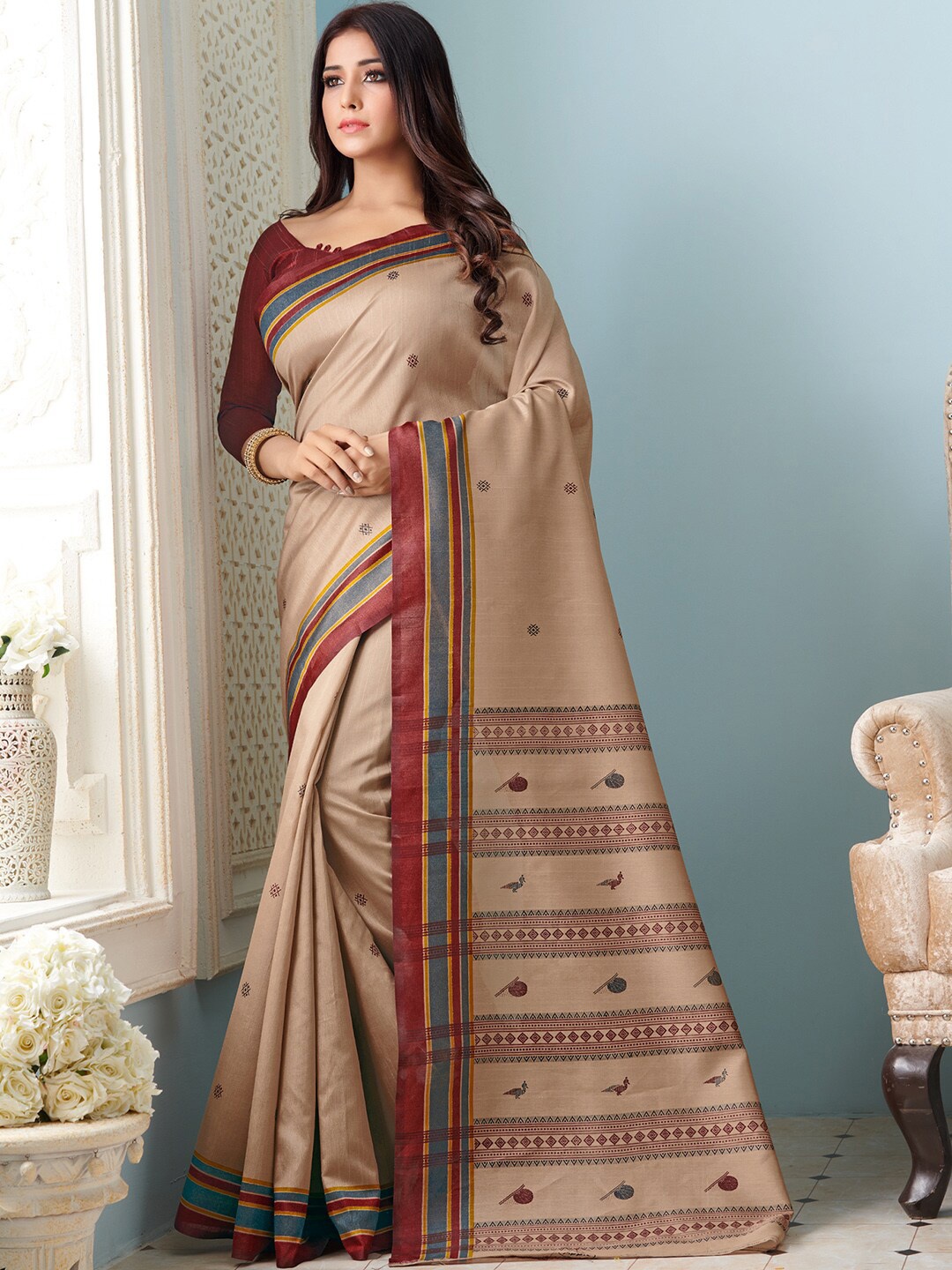 

Mitera Beige & Grey Art Silk Bhagalpuri Saree With Unstitched Blouse Piece