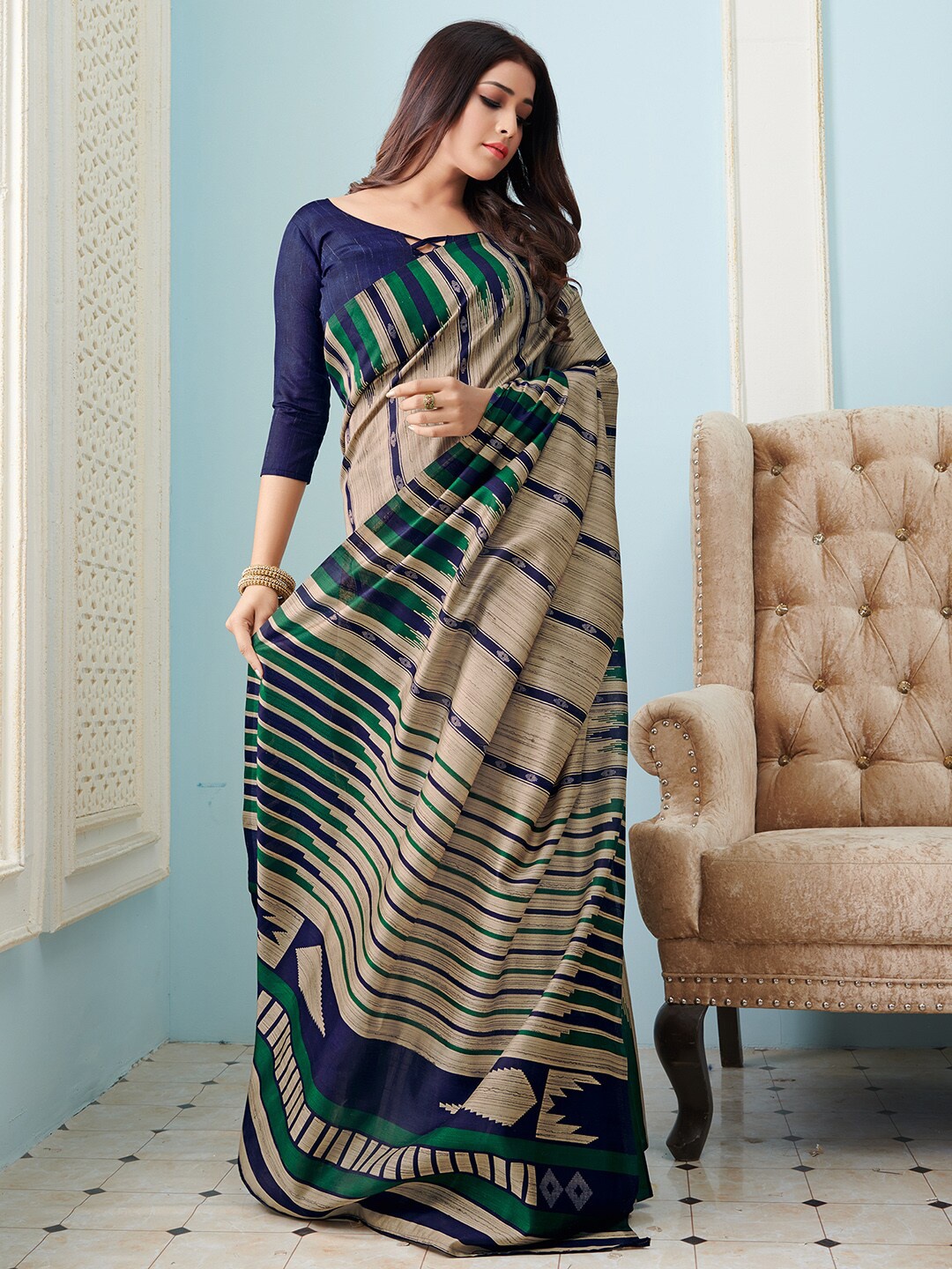 

Mitera Beige & Blue Striped Art Silk Bhagalpuri Saree With Unstitched Blouse Piece