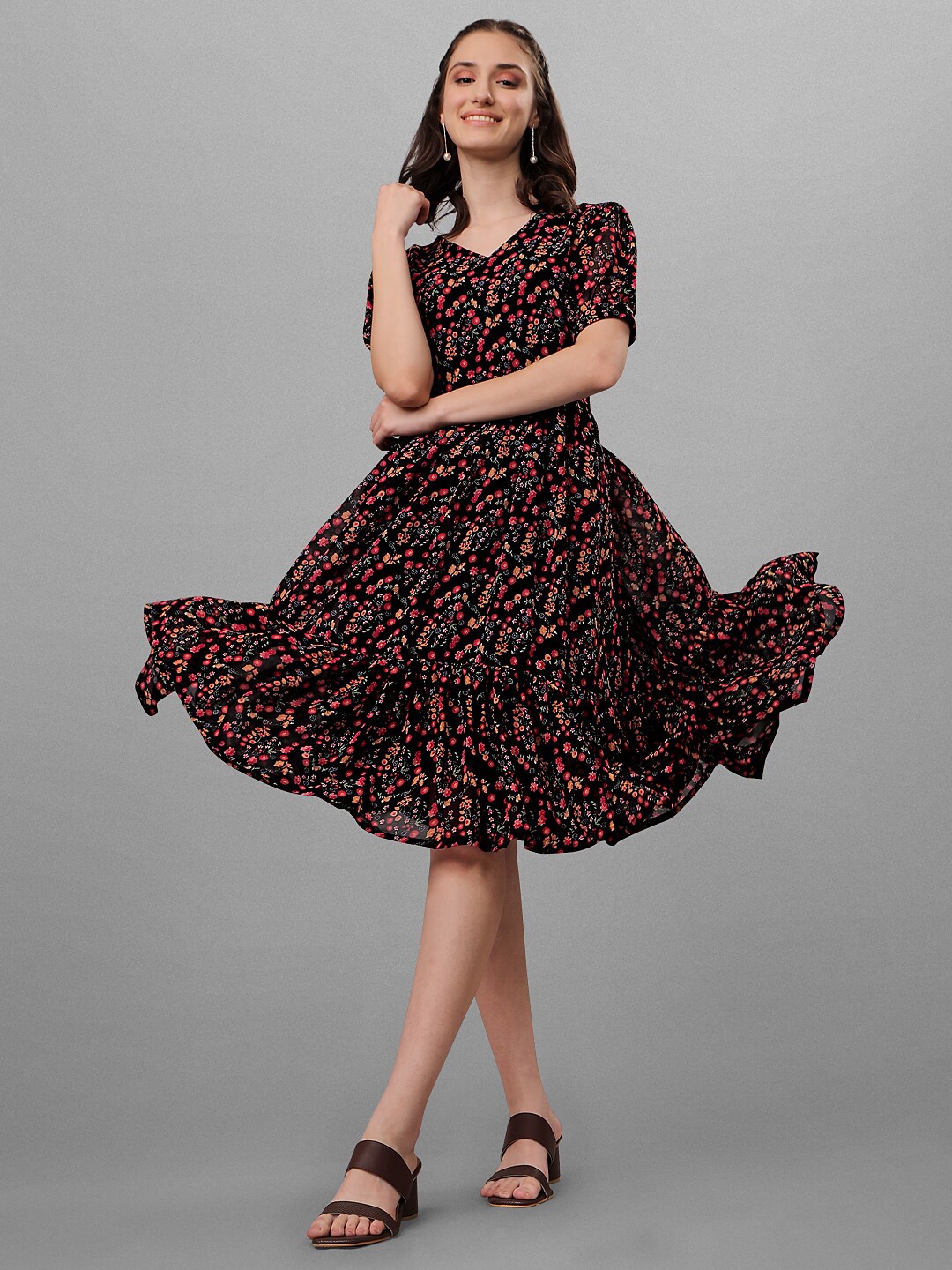 

GUFRINA Women Black & Red Floral Fit And Flare Dress