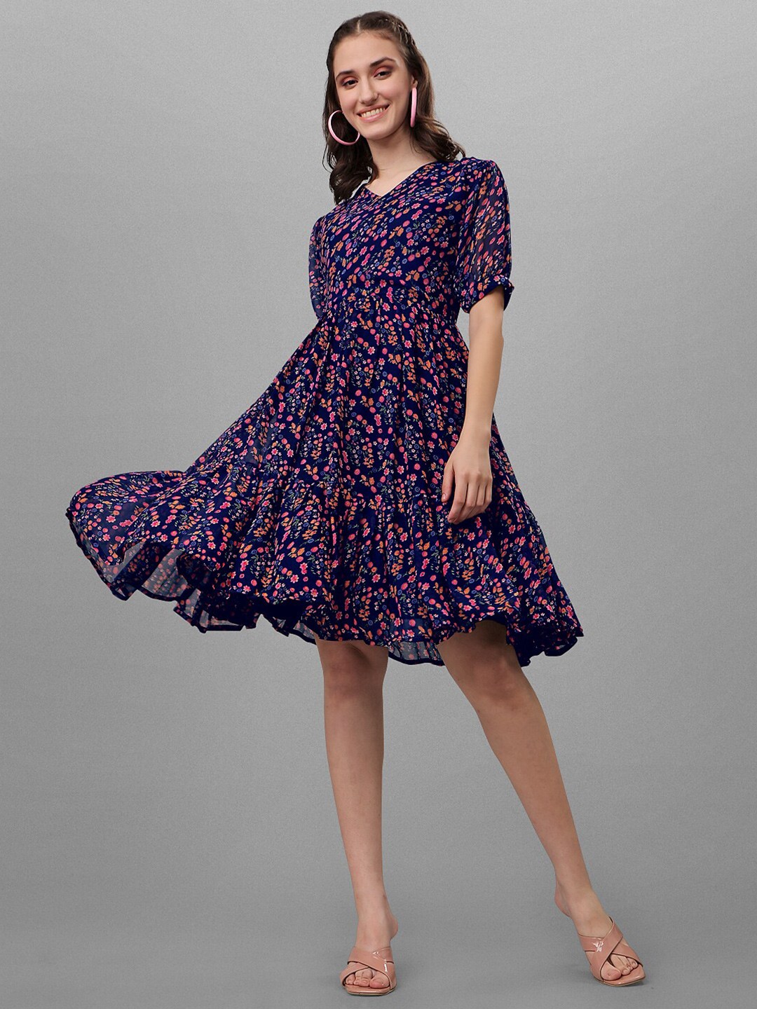 

GUFRINA Women Navy Blue & Pink Floral Fit And Flare Dress