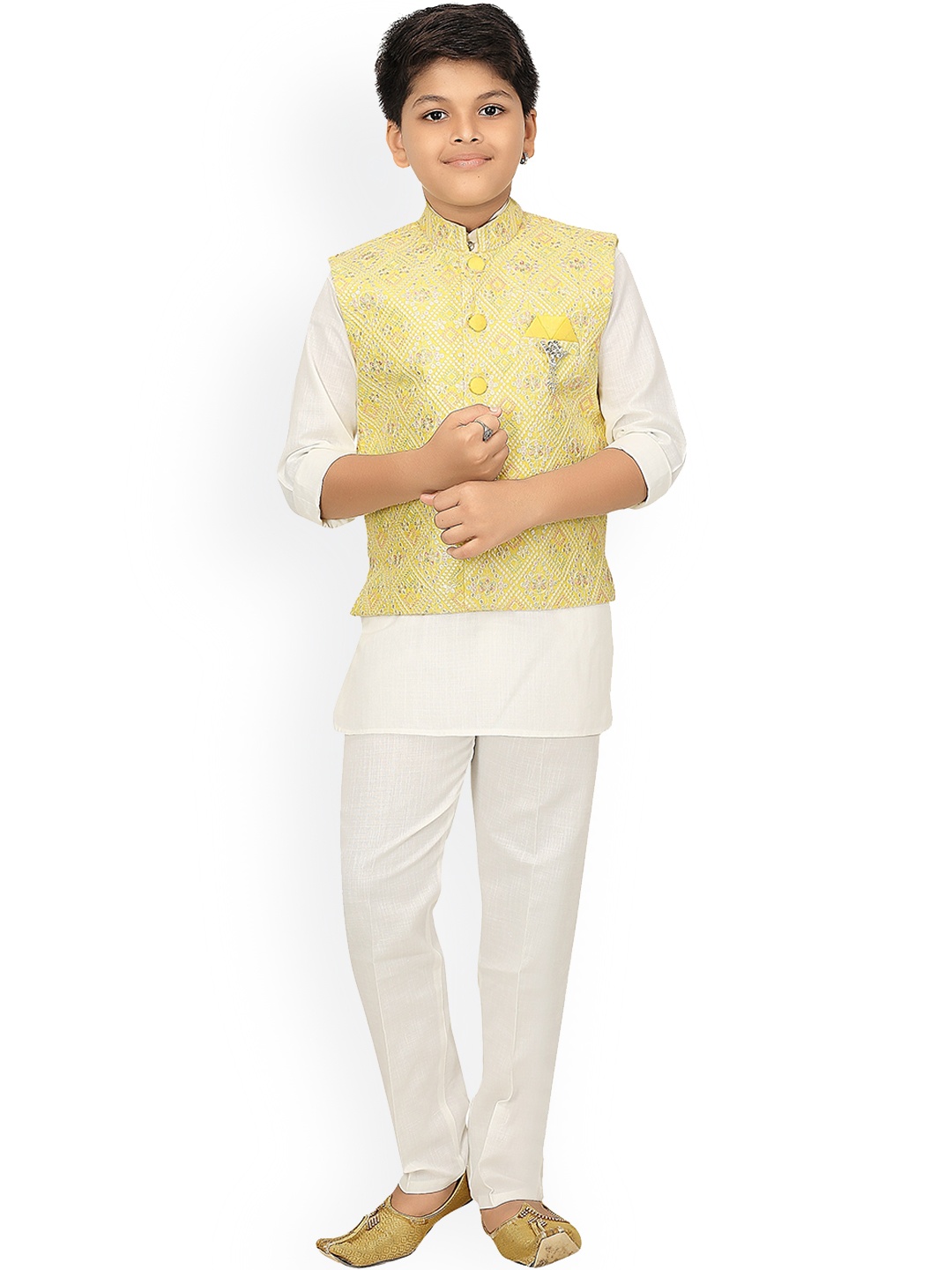 

ahhaaaa Boys Yellow Solid Kurti with Pyjamas Chikan Work Waistcoat