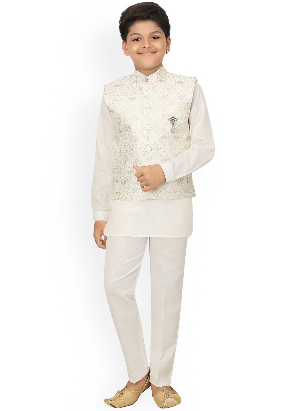 

ahhaaaa Boys White Solid Kurti with Pyjamas Chikan Work Waistcoat