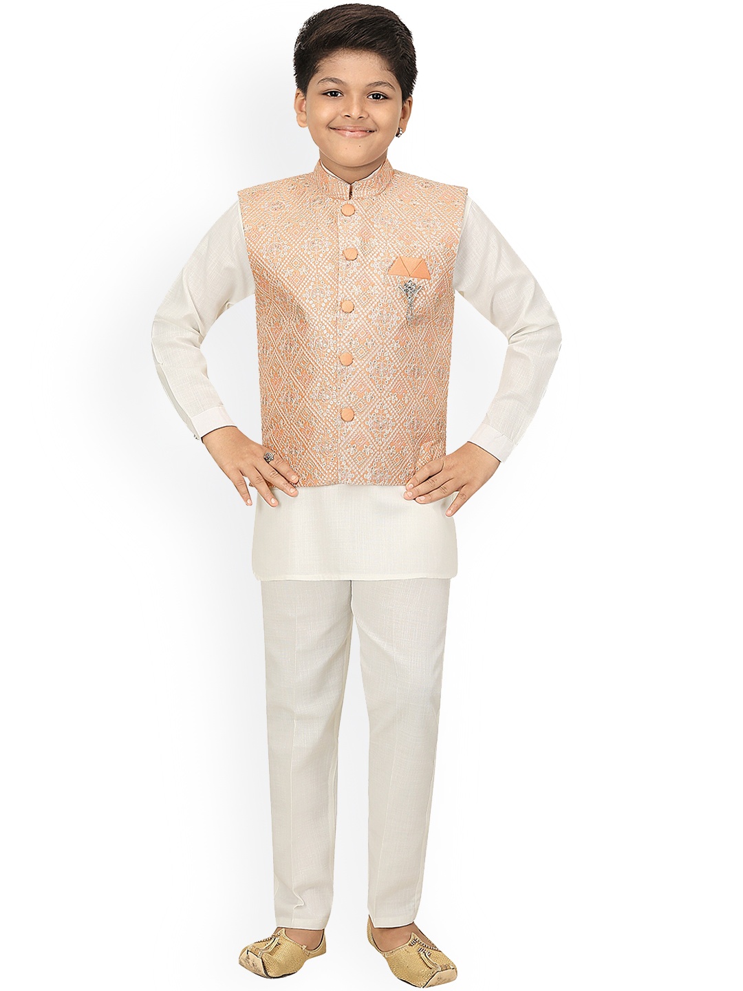 

ahhaaaa Boys Pink & White Solid Kurta with Pyjamas Chikan Work Waistcoat