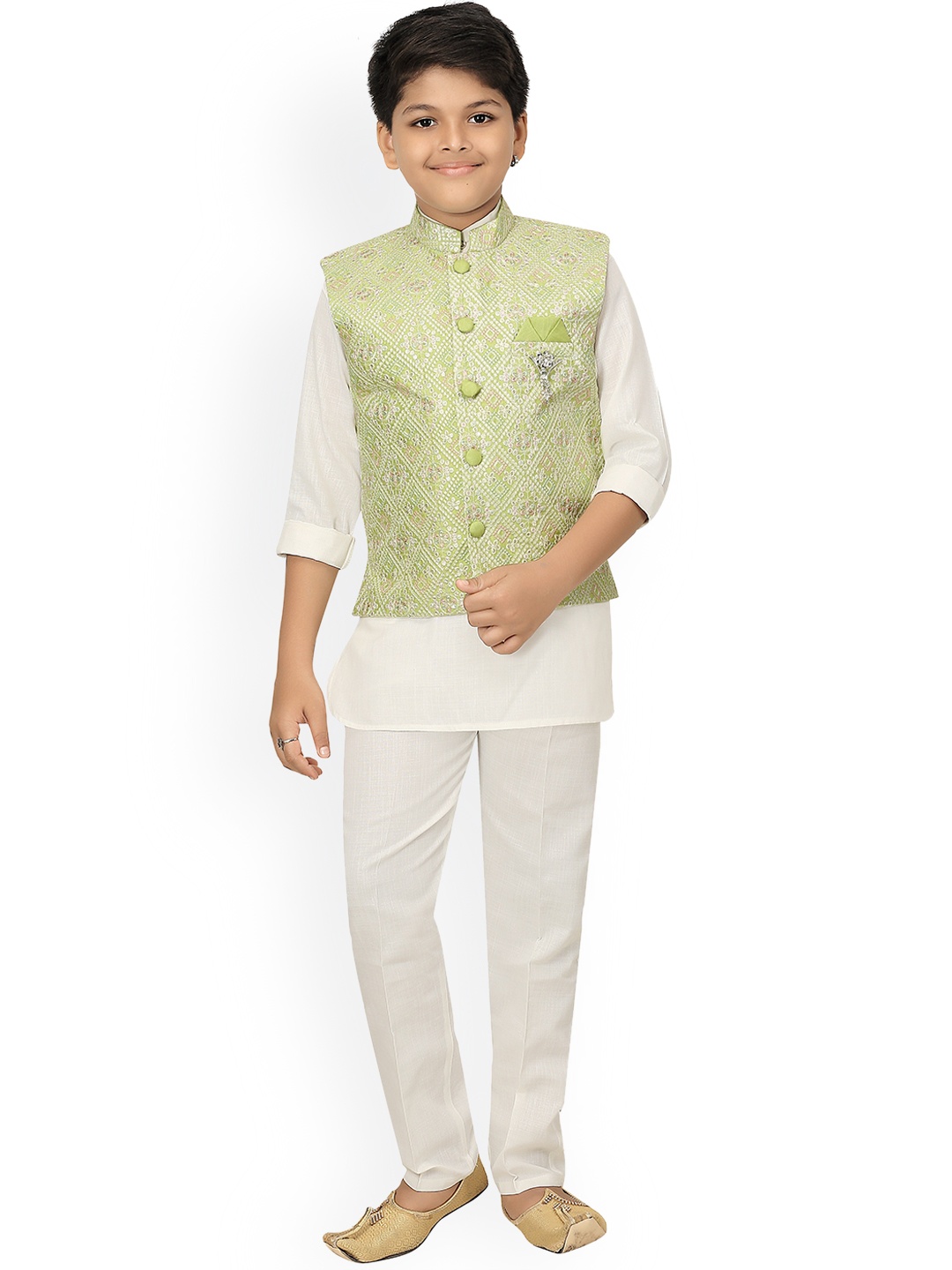 

ahhaaaa Boys Sea Green & White Solid Kurti with Pyjamas Chikan Work Waistcoat