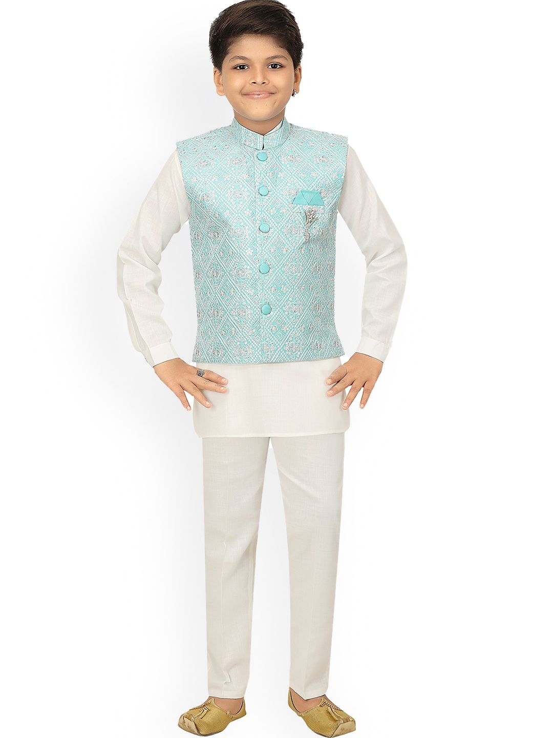 

ahhaaaa Boys Turquoise Blue & White Paisley Kurti with Pyjamas Chikan Work Waistcoat