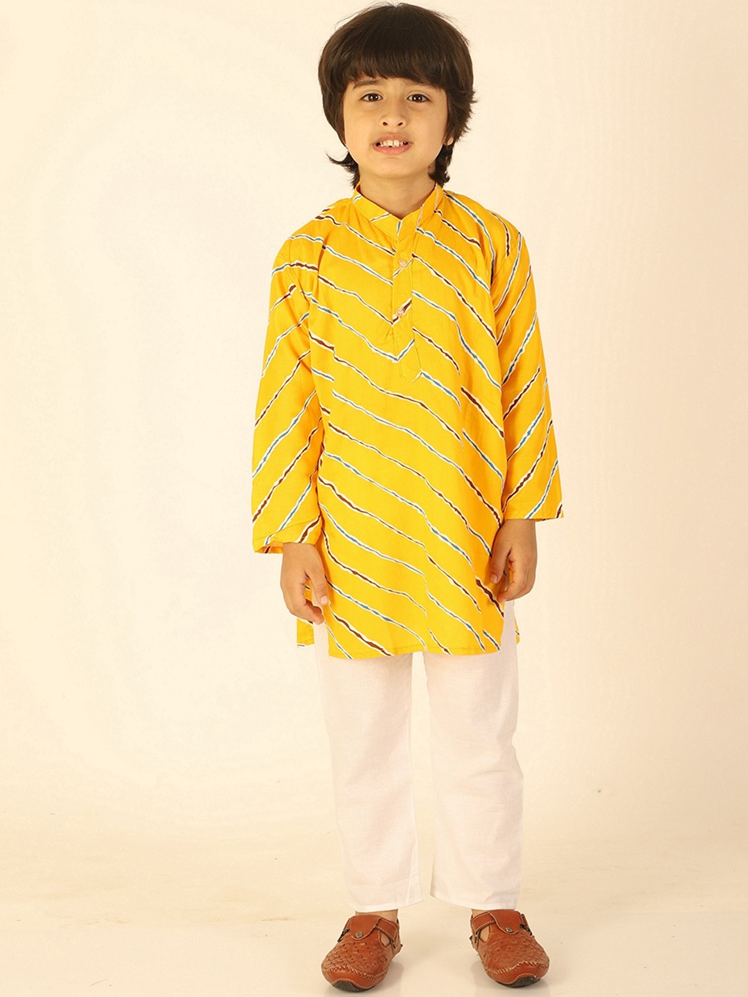 

ahhaaaa Boys Yellow Striped Regular Pure Cotton Kurti with Pyjamas