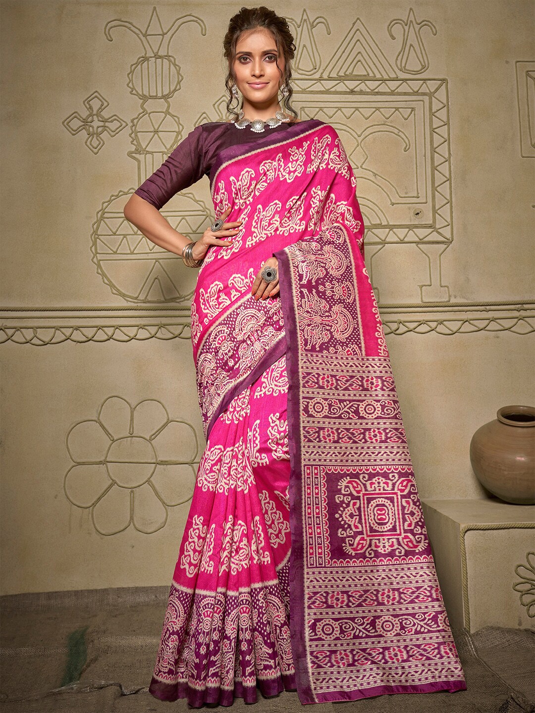 

Mitera Pink & White Ethnic Motifs Art Silk Ikat Saree