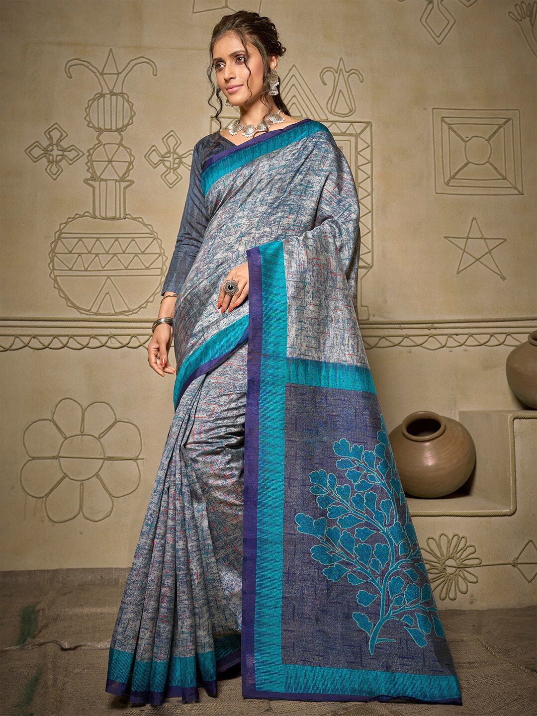 

Mitera Grey & Blue Art Silk Taant Saree