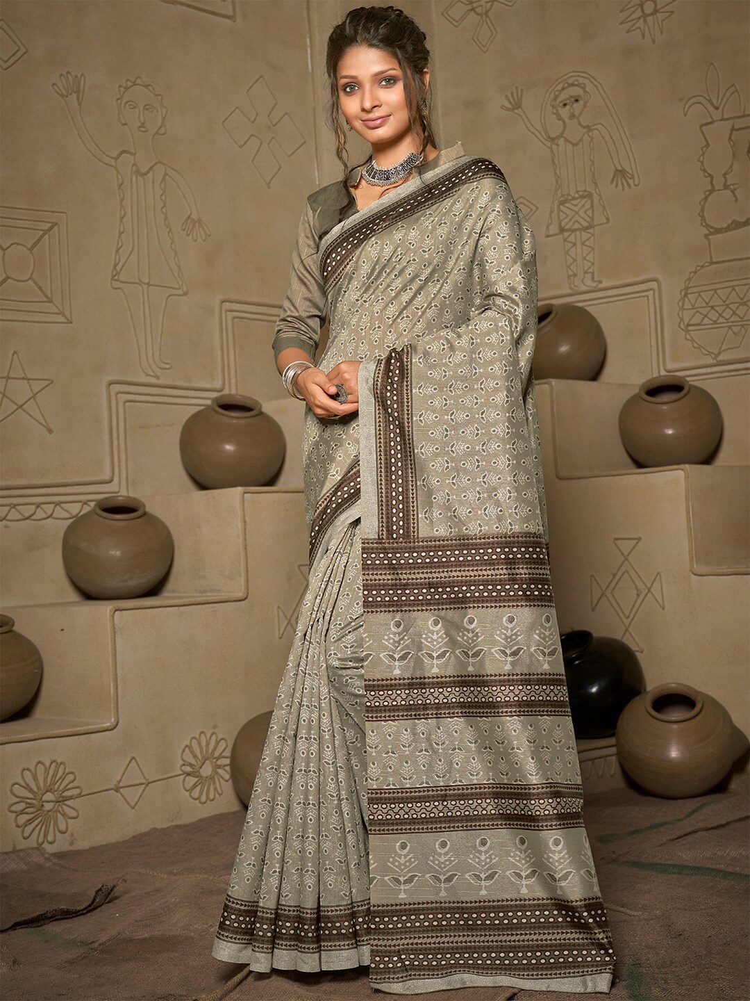 

Mitera Grey & Brown Floral Art Silk Bagh Saree