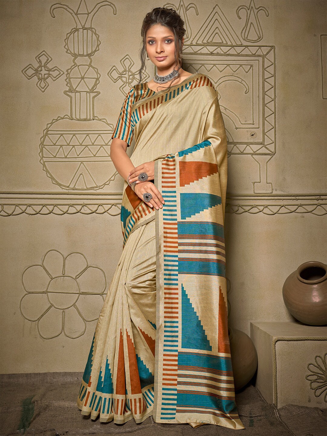 

Mitera Cream-Coloured & Blue Art Silk Taant Saree