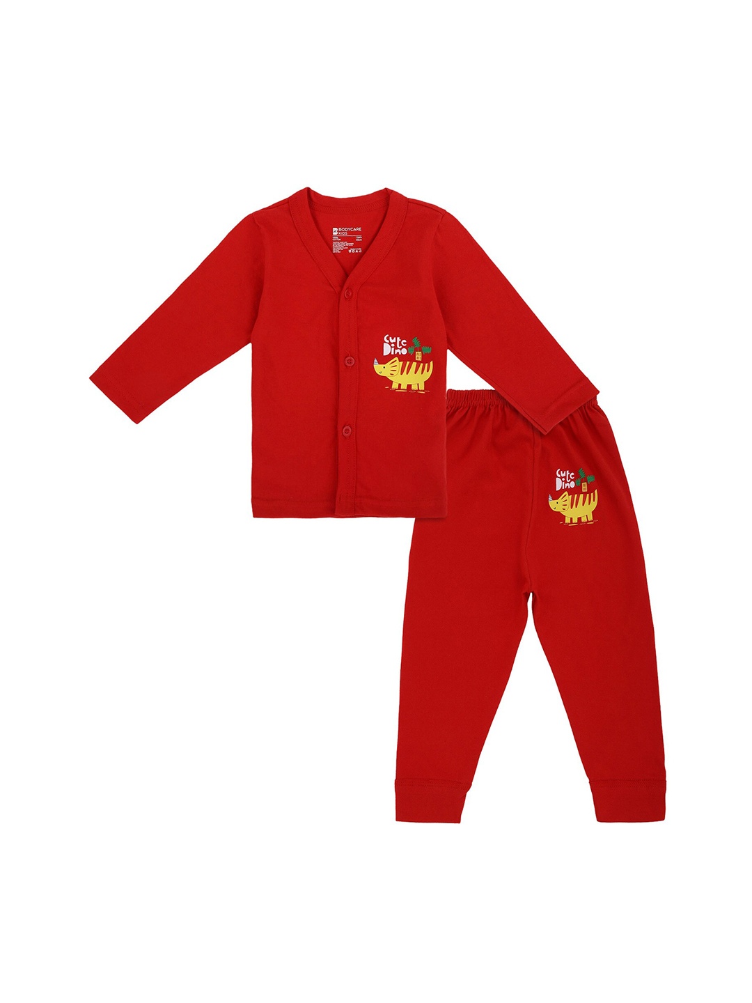

Bodycare Kids Kids Red & Yellow Printed Pure Cotton Front Open Shirt with Pyjamas