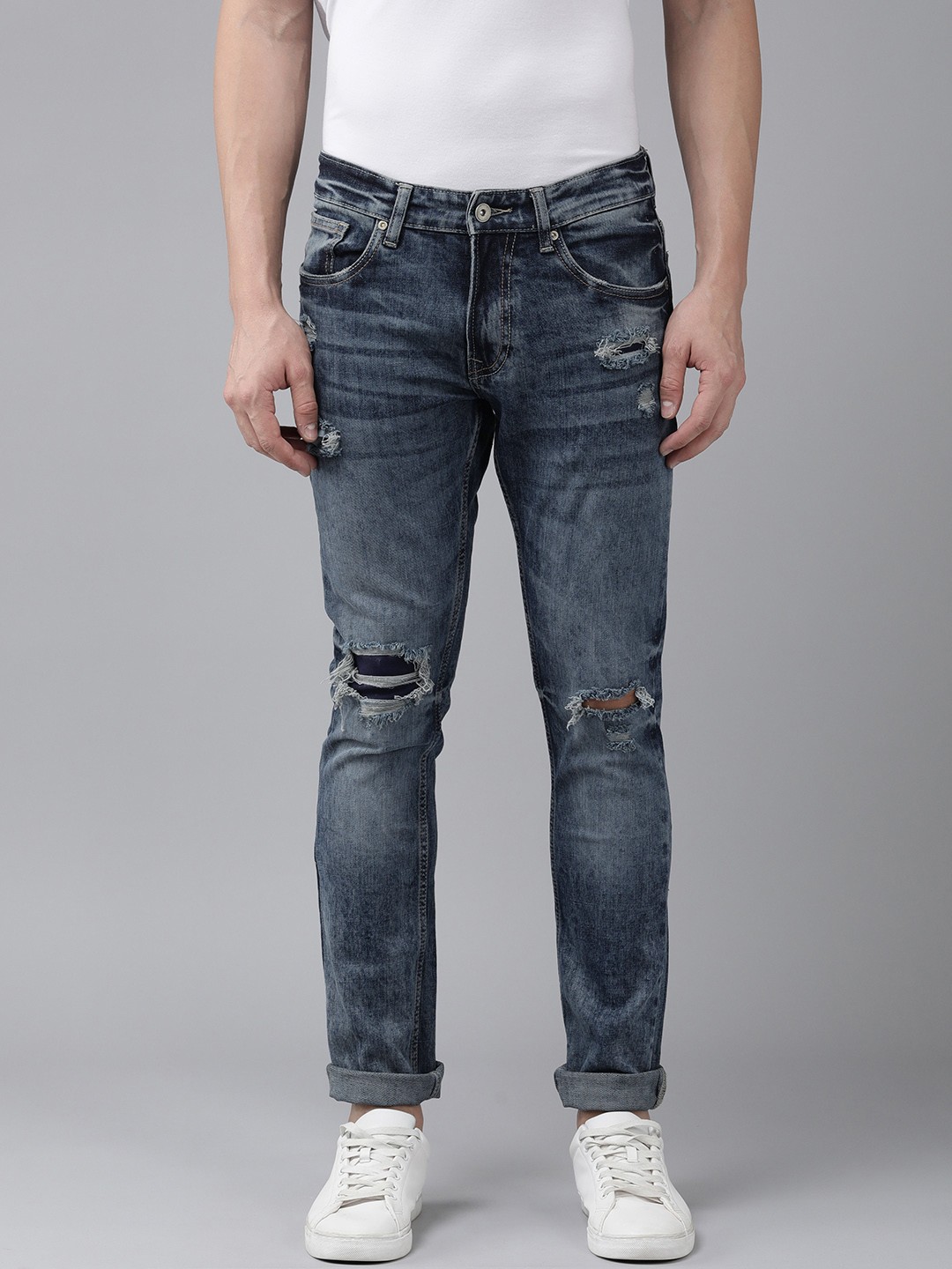 

SPYKAR Men Slim Fit Low-Rise Mildly Distressed Stretchable Jeans, Navy blue