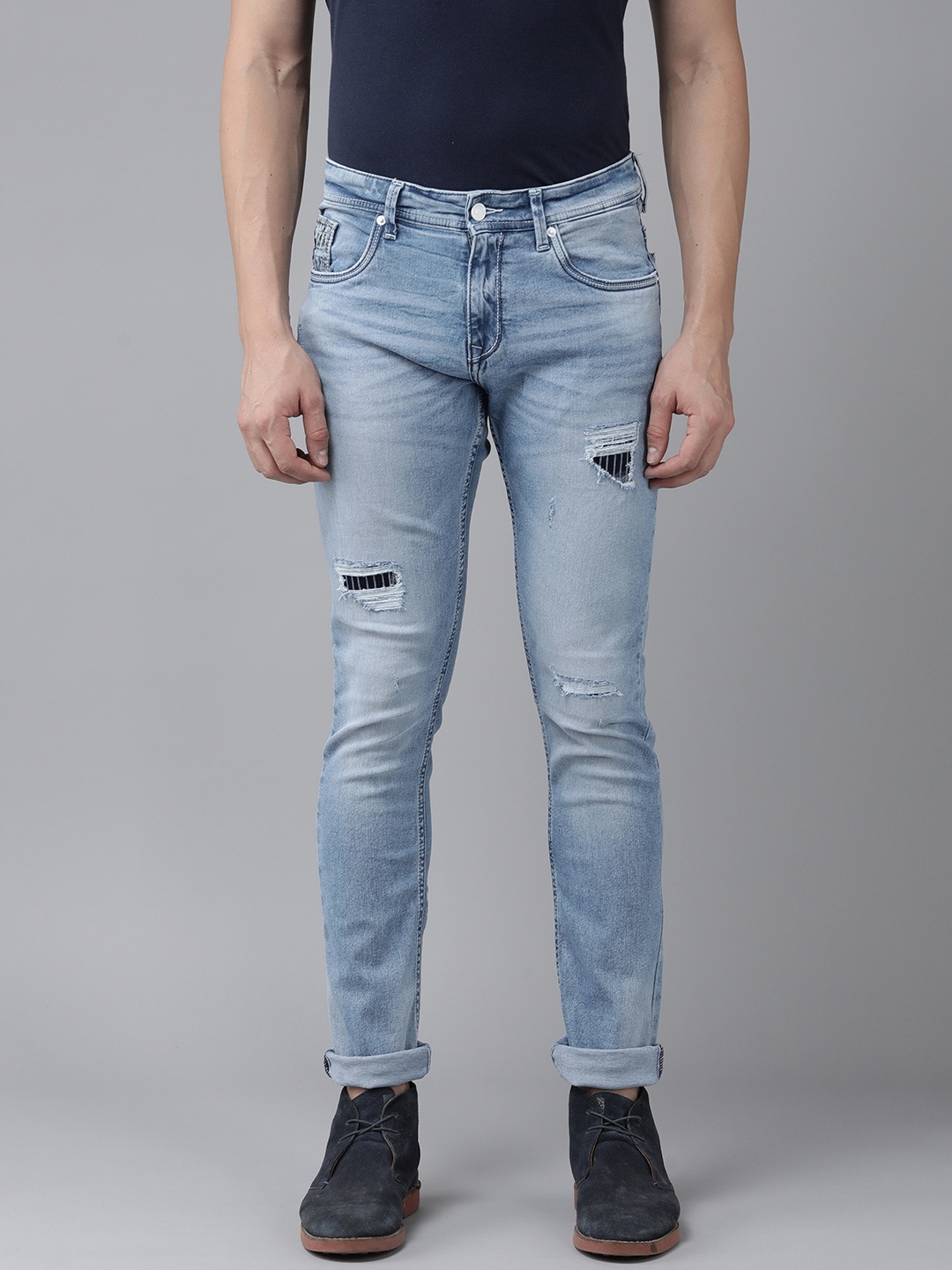 

SPYKAR Men Skinny Fit Low-Rise Mildly Distressed Light Fade Stretchable Jeans, Blue